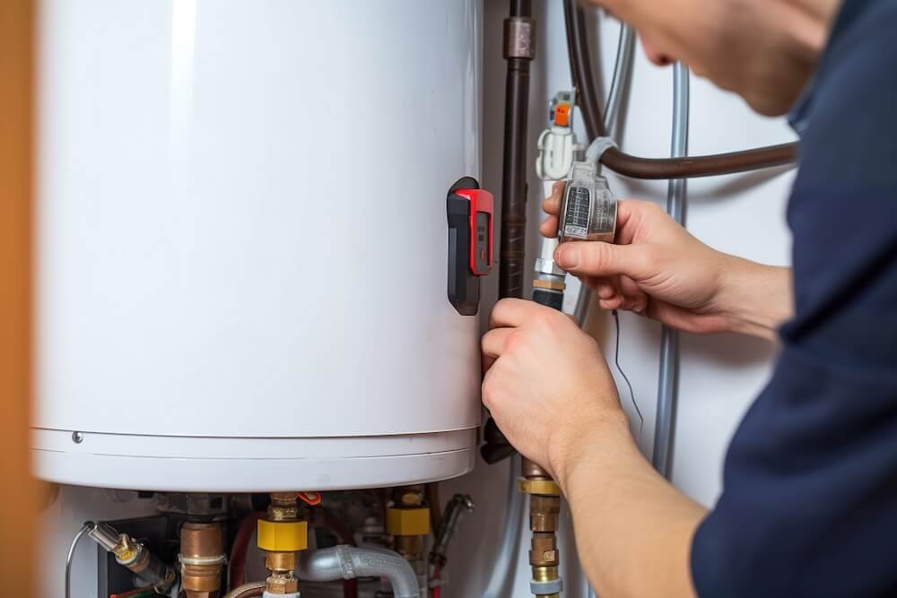 Plumber repairing a residential water heater connection